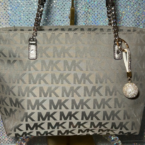 Michael Kors Monogrammed Gray Tote Approx 11.5” x 9” x 4” w/Charm EUC Like New - Picture 1 of 17